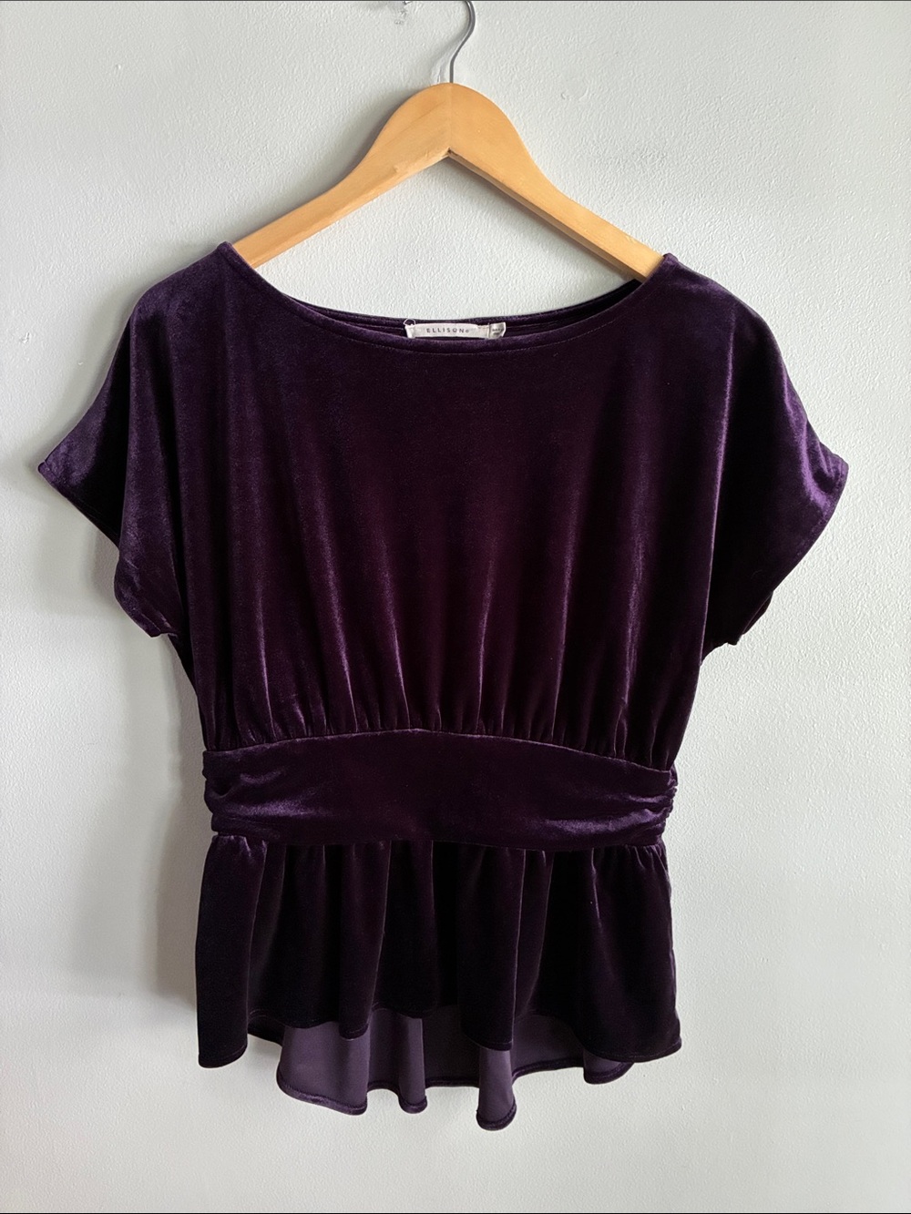 Ellison Plum Purple Velvet Peplum Top Medium Short Sleeve Stretch Blouse